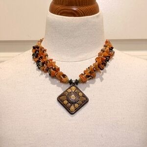 Boho Enameled Silvertone Centerpiece Stone Chip and Wooden Bead Necklace
